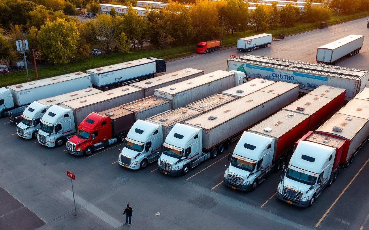 Fleet of heavy-duty trucks at a logistics yard